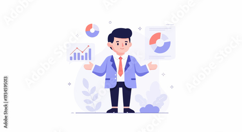 Cartoon man presents financial data charts and graphs with a smile