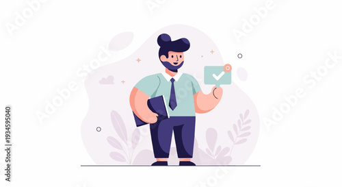 A smiling man in business attire holds a clipboard with a checkmark and a folder