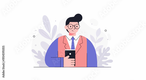 A person in a suit and tie holds a smartphone, with abstract leaves in the background