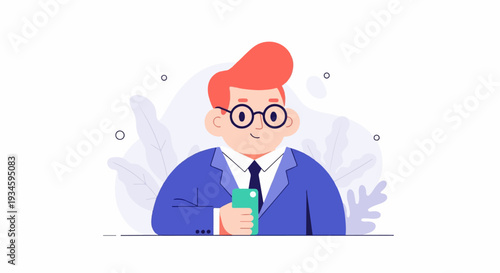 Cheerful businessman in suit with glasses holds a smartphone