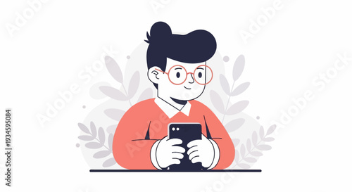 A cheerful person with glasses holds a smartphone, surrounded by stylized plant elements