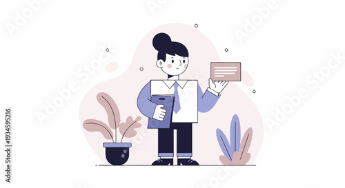 A person in business attire holds a tablet and a document, standing near potted plants