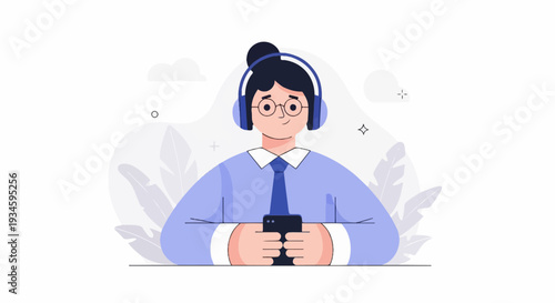 Person wearing headphones, glasses, and tie, holding phone
