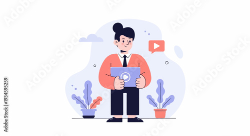 Cheerful character presenting digital content with plants and cloud accents