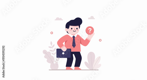 A cartoon businessman holding a briefcase and a question mark in a flat design style