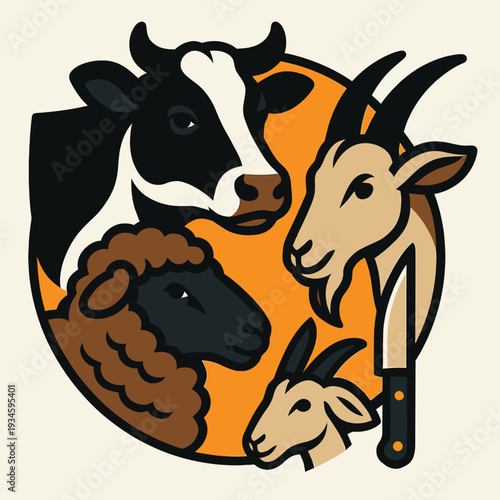 Illustration of a cow, goat, sheep and lamb heads in a circular composition with a knife on an orange background.