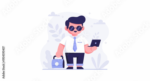 Stylized businessman in sunglasses with briefcase and laptop stands against abstract background