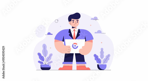 A man in a suit holds a tablet with a logo while standing near potted plants