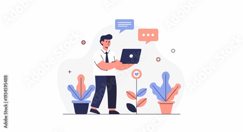 A man in formal attire holds a laptop, interacting with digital communication symbols amidst potted plants