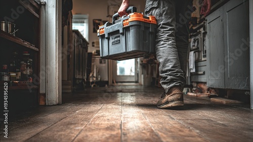tool box and back of a person in the house for servicing, maintenance or repair in the kitchen.