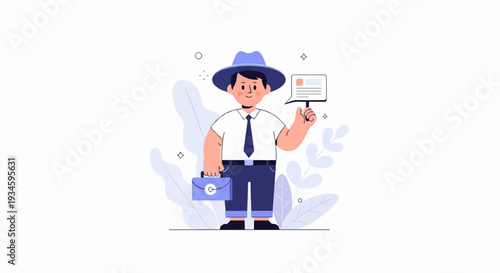 A man in a hat and suit holding a briefcase and a speech bubble with text
