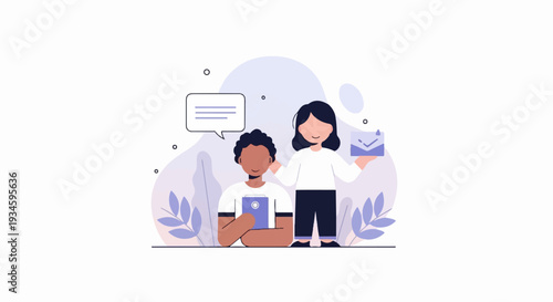 Two cartoon figures, a man and a woman, communicate and share information