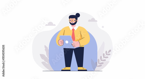 A person in a yellow shirt and red tie holds a tablet with a blue circle background