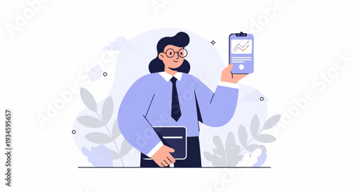 A person in business attire holds a tablet displaying a graph, with abstract foliage