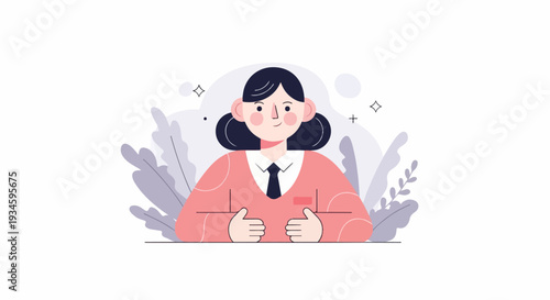 A woman with dark hair wears a pink sweater and black tie, with leaves behind her