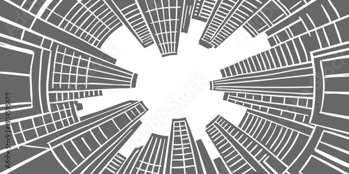 Hand drawn sketch style circular perspective view of urban city skyscrapers looking up to the sky vector illustration