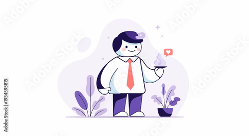 Cheerful character in business attire presents a steaming treat and a social media "like" icon