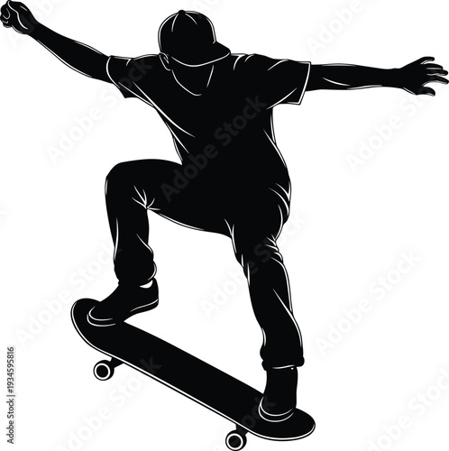 Skateboarding trick silhouette, skateboarder jump, extreme sports vector, urban street culture,