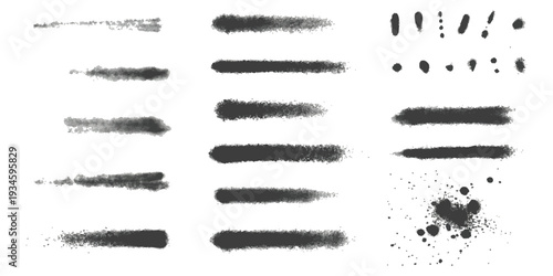 Set of black spray paint brush strokes and splatters with grunge texture isolated on white background vector illustration