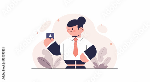 A person in a suit holding up a card with a profile icon, surrounded by abstract shapes and plants