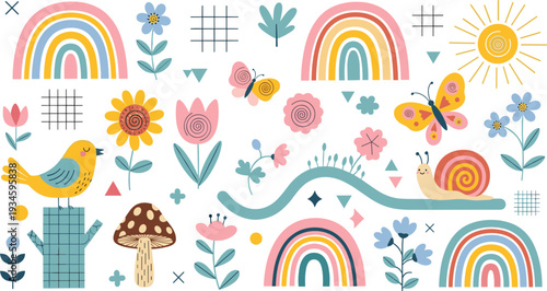 Cute Rainbow and Floral Elements Cartoon Vector Illustration Set with Bird Butterfly Snail and Mushroom