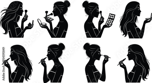 Women applying makeup silhouette vector set, beauty and cosmetics routine illustration, female face with brush and lipstick, glamour fashion collection