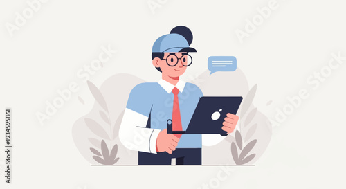 Person wearing cap and glasses, holding a tablet, with speech bubble