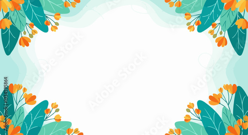 Floral Frame Background with Green Leaves and Orange Flowers Vector