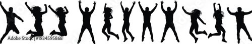 Silhouette group of people jumping, joyful celebration, freedom expression, teamwork unity, active lifestyle, happiness concept, energetic crowd, success motivation, dance movement, positive energy