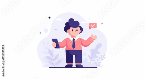 A cartoon man in business attire holds a phone and gives a thumbs-up with a checkmark icon