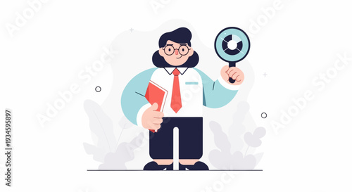 Person with magnifying glass and book, examining data