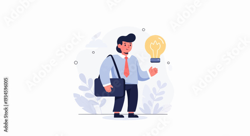 A businessman with a satchel and a bright idea represented by a lightbulb