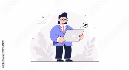 A person in a suit and tie holds a laptop, with a speech bubble above