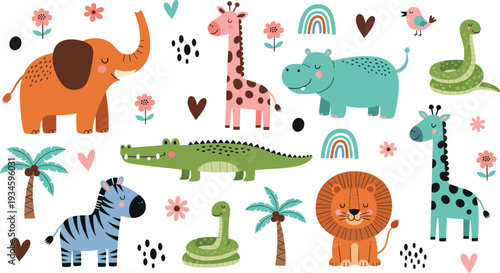 Cute Safari Animals Cartoon Vector Illustration Set with Elephant Lion Giraffe Zebra and Crocodile