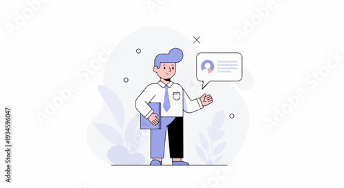 Animated person in a white shirt and blue tie, holding a folder, with a speech bubble