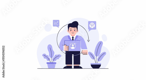 A stylized illustration of a person in a suit holding a laptop with digital icons floating around