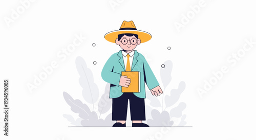 A smiling person in a hat and suit holds a book