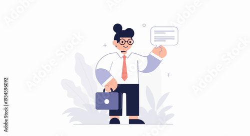 Cheerful person in business attire holds a briefcase and speech bubble against a pale background with stylized leaves
