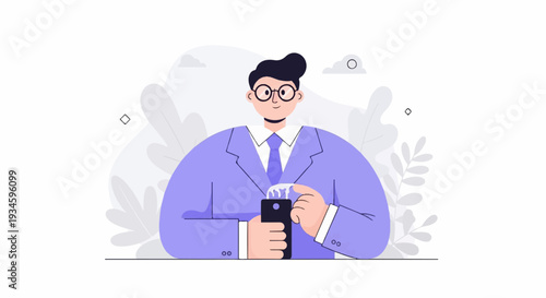 A person in a purple suit wearing glasses and using a smartphone