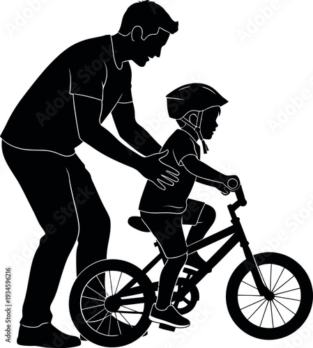 Father teaching son to ride bike on father's day