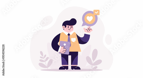 Cheerful man holding tablet, showing approval with heart in speech bubble