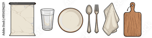 Table setting elements including a scroll, glass, plate, cutlery, napkin, and cutting board