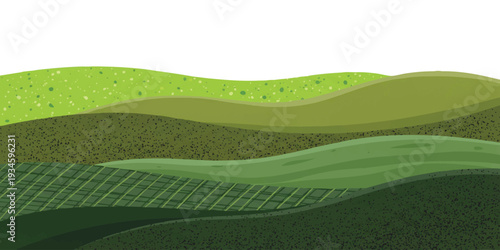Minimalist geometric green hills and agricultural fields landscape with abstract textured layers background vector illustration