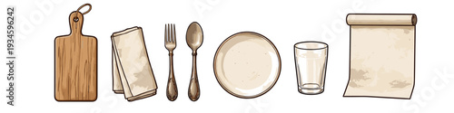 Collection of kitchenware and dining items arranged in a row on a white background