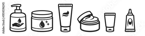 Collection of cosmetic and hygiene product icons in a clean, minimalist line art style