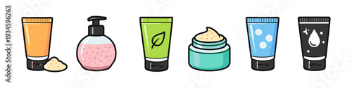 Collection of cosmetic and skincare product containers with various textures and colors