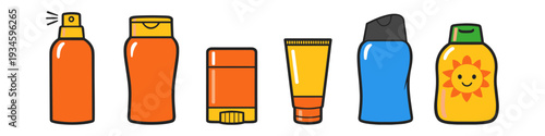 Collection of sun protection products including spray, lotion, stick, and tube