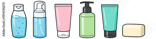Collection of colorful cosmetic bottles and a bar of soap arranged in a line