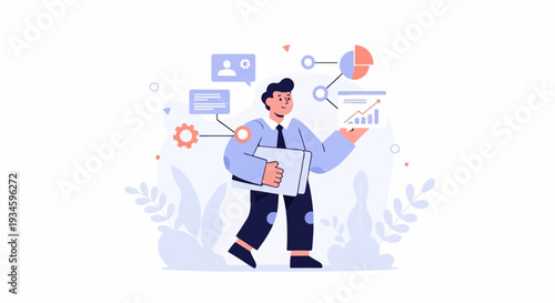 Businessman holding charts and data visualizations with informational icons