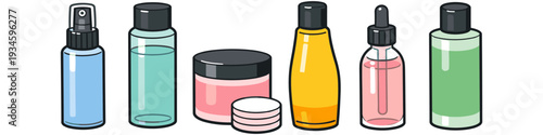 Collection of cosmetic bottles and jars for skincare and beauty products